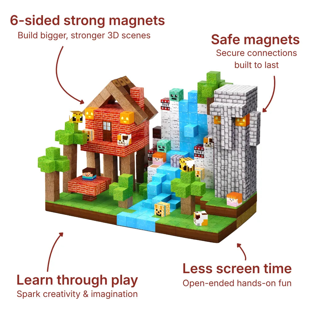 Magnetic building blocks form a Forest Village scene with a brick treehouse, blue waterfall, and stone tower. Includes colorful block figures and trees for creative 3D play.