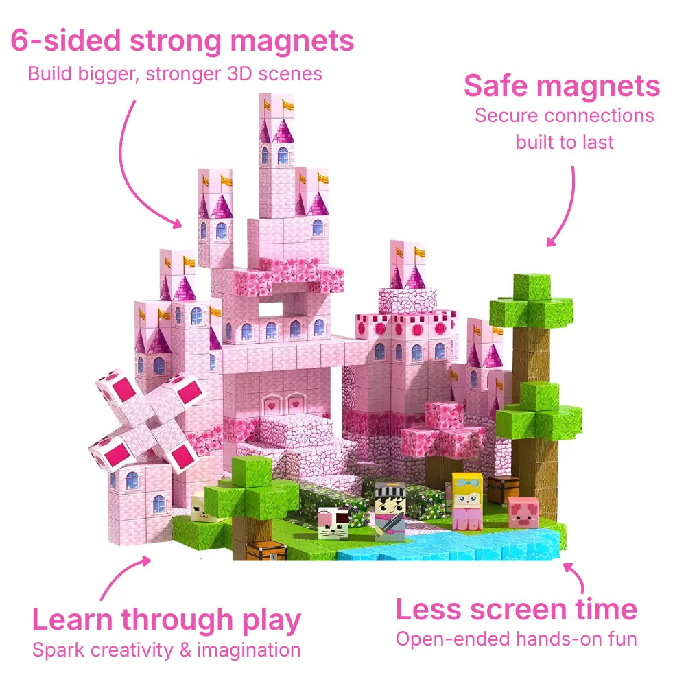 Pink princess castle built from magnetic building blocks featuring towers, a windmill, and trees. Includes character figures and water pieces for safe, hands-on creative 3D play.