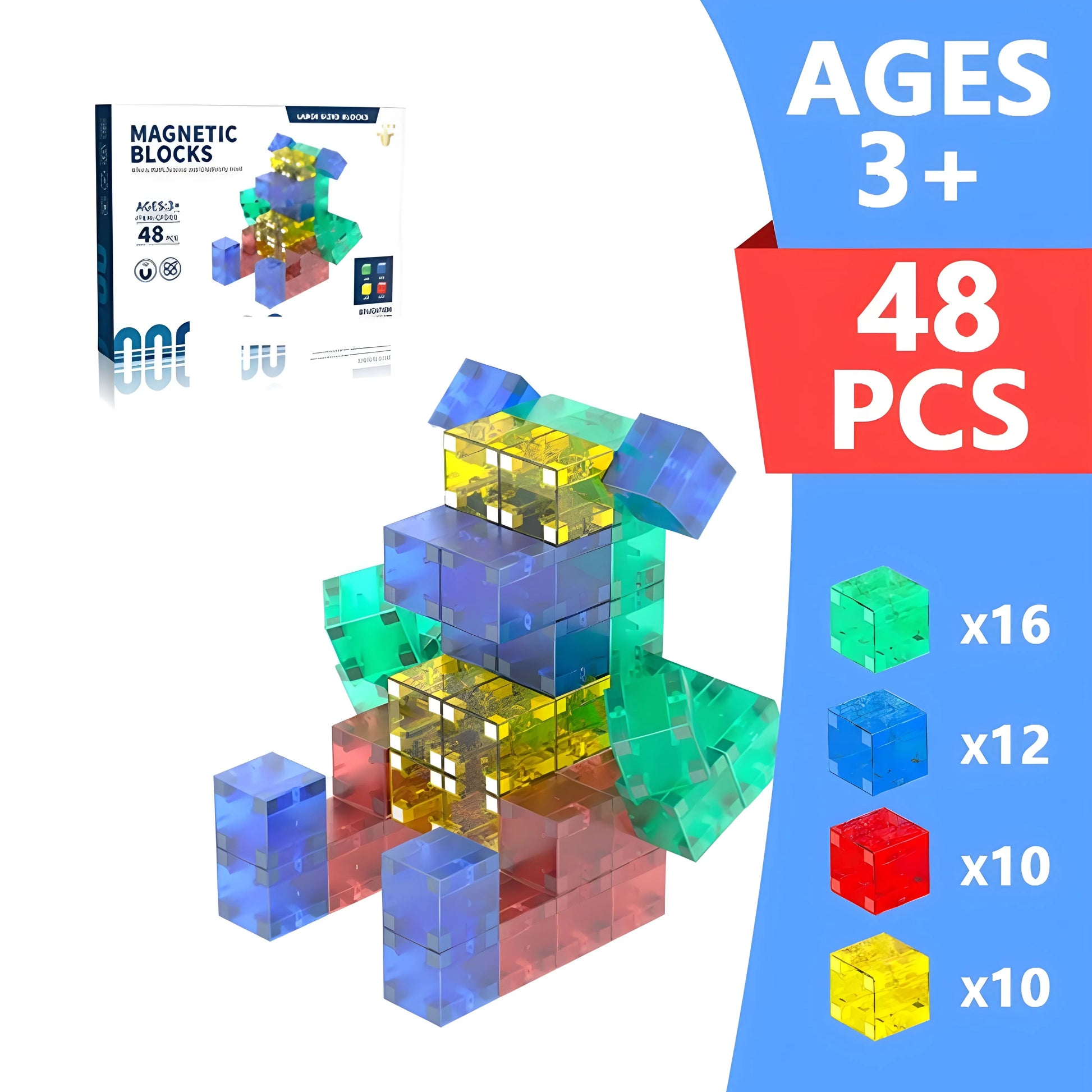 transparent magnetic blocks 48 pieces with packaging and quantity information on a white background