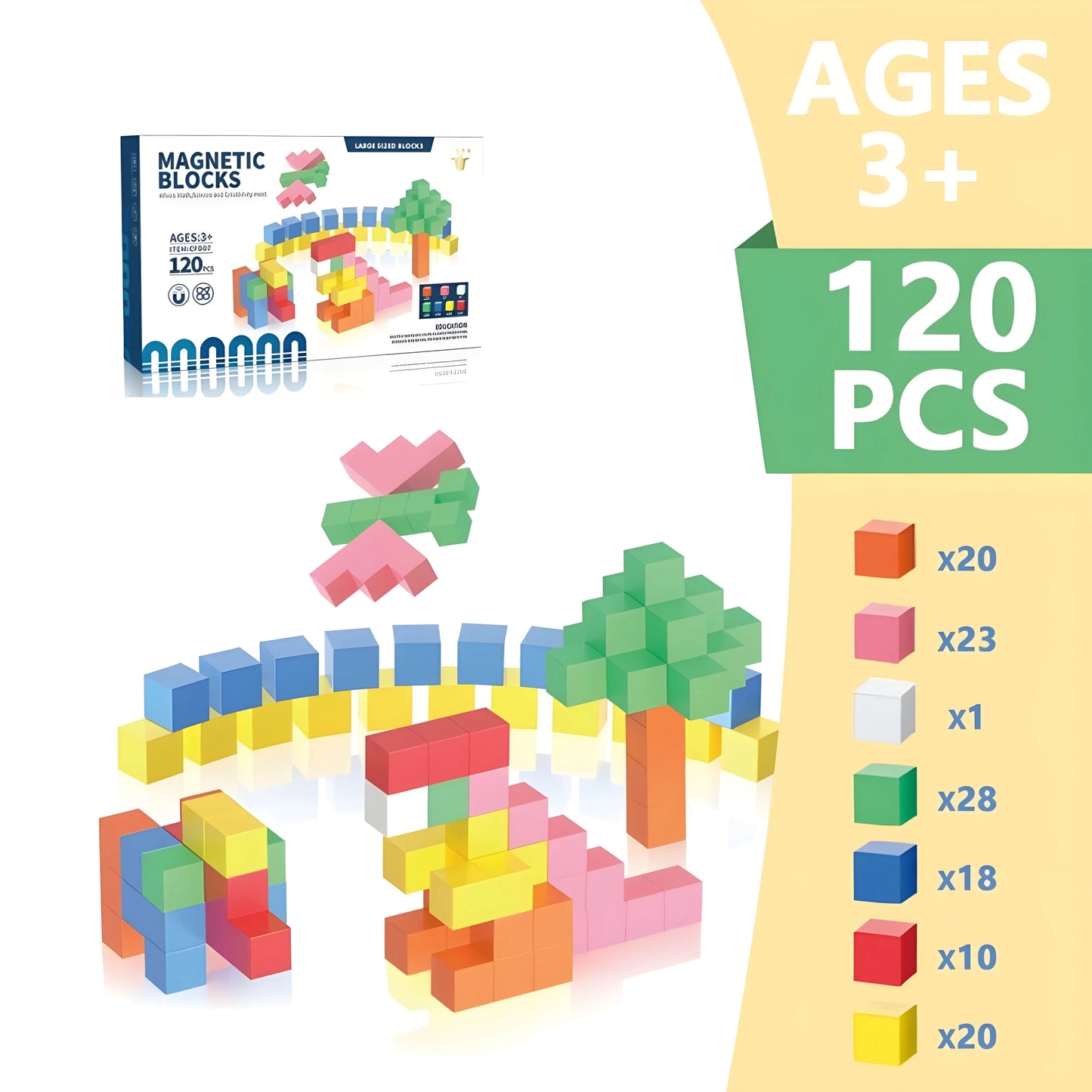 Colorful magnetic blocks 120 pieces with packaging and block count on a white background