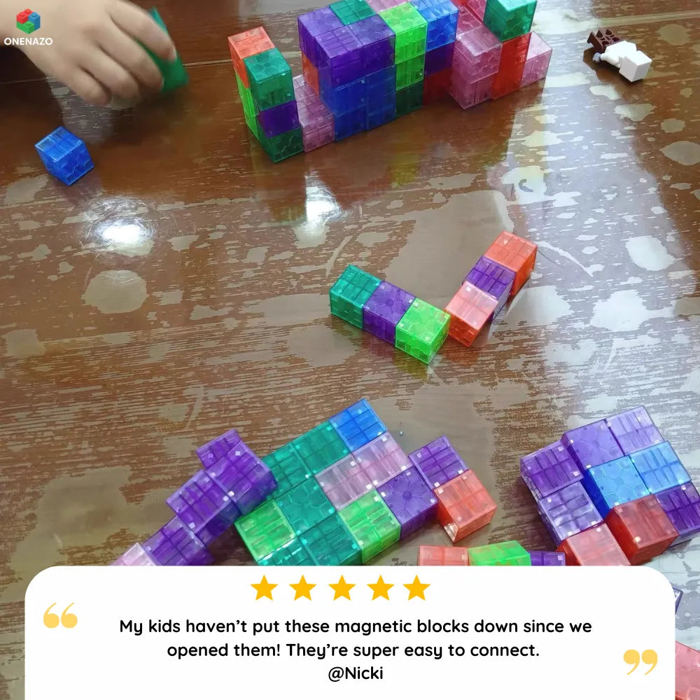Child’s hands playing with colorful Transparent Magnetic Blocks - 48, 72, 96, 120 PCS | 1"/2.5 cm by Onenazo, part of Onenazo Featured Products and Magnetic Building Blocks collections.