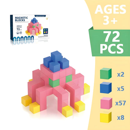 Colorful magnetic blocks 72 pieces with building structure and packaging on a light yellow background