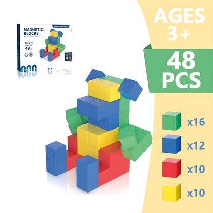 Colorful magnetic blocks 48 pieces with packaging and age recommendation on a white background
