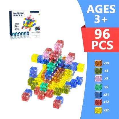 Colorful magnetic blocks 96 pieces with packaging and quantity details on a white background