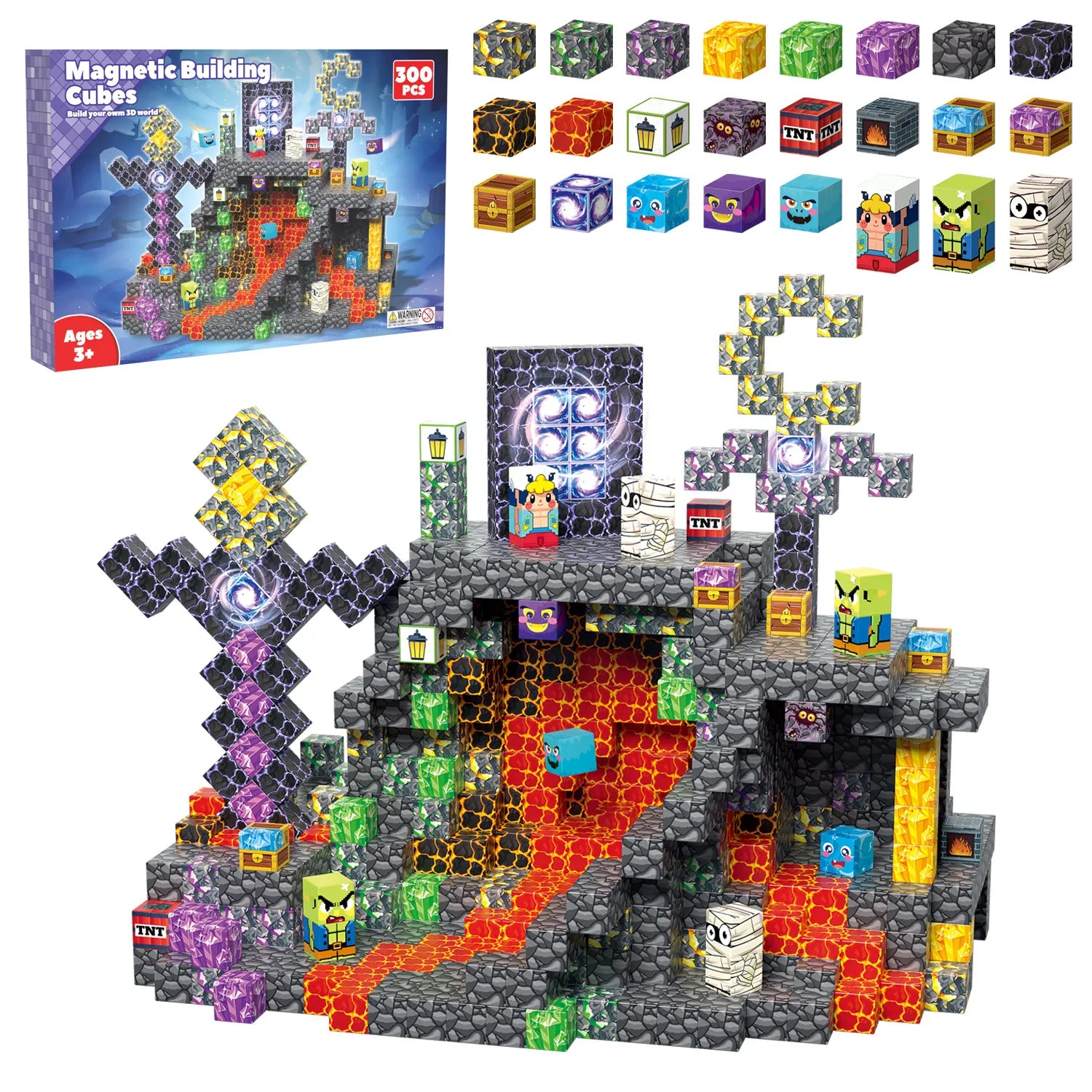 Magnetic building cubes set with a constructed scene and packaging on a white background