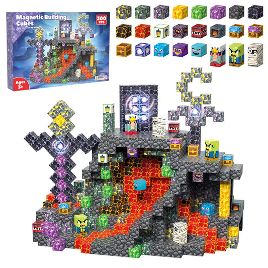 Magnetic building cubes set with a constructed scene and packaging on a white background
