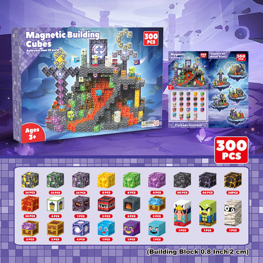 Magnetic building cubes packaging with colorful cubes and age recommendation on a purple grid background
