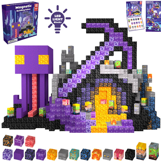 Minecraft-themed building block set with LED lights and packaging on a white background