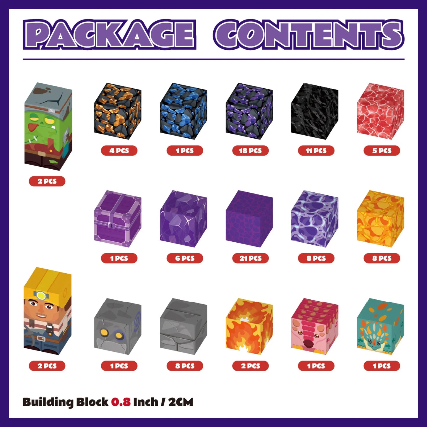 Package contents chart for building blocks with various block designs and quantities.