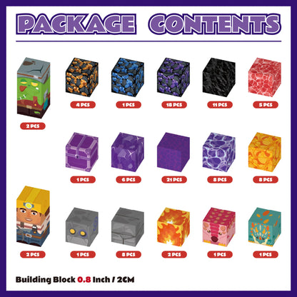 Package contents chart for building blocks with various block designs and quantities.