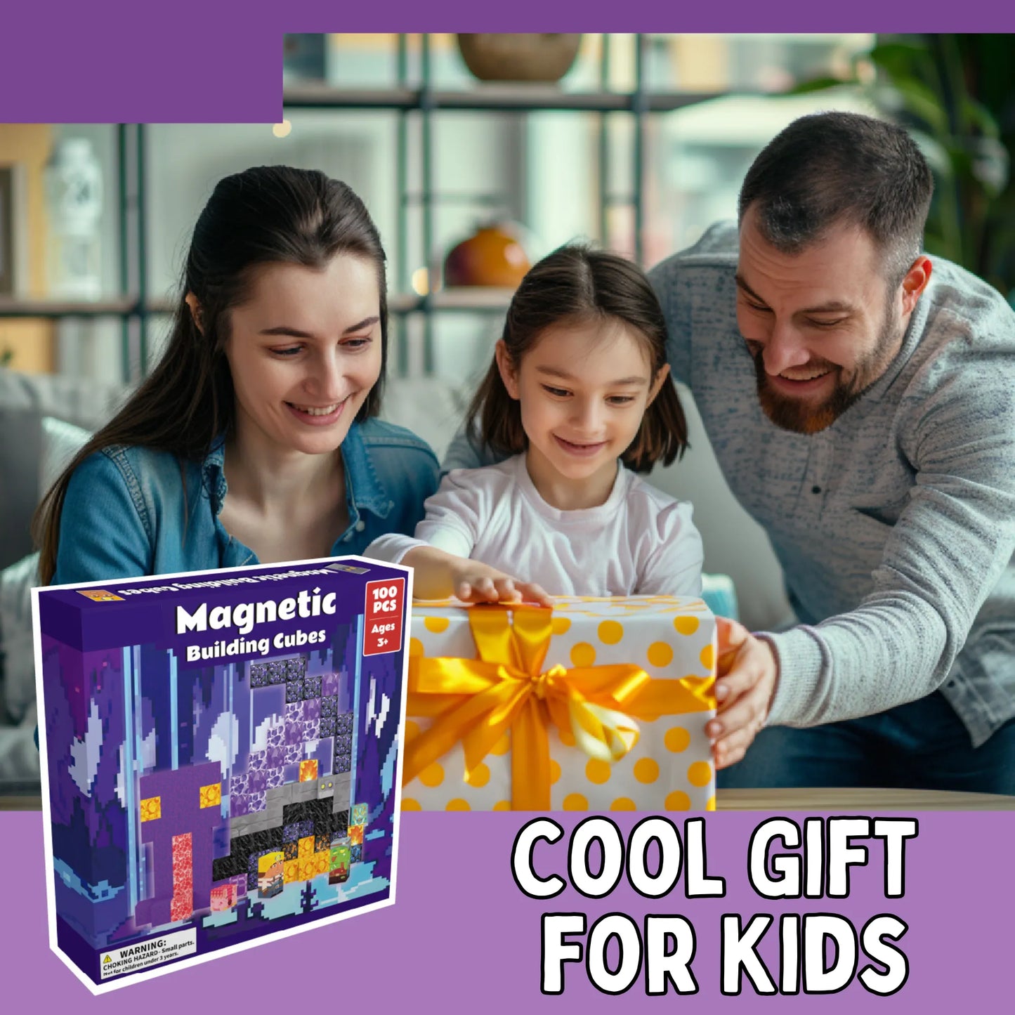 Family opening a gift with a 'Magnetic Building Cubes' box and a yellow polka dot box.