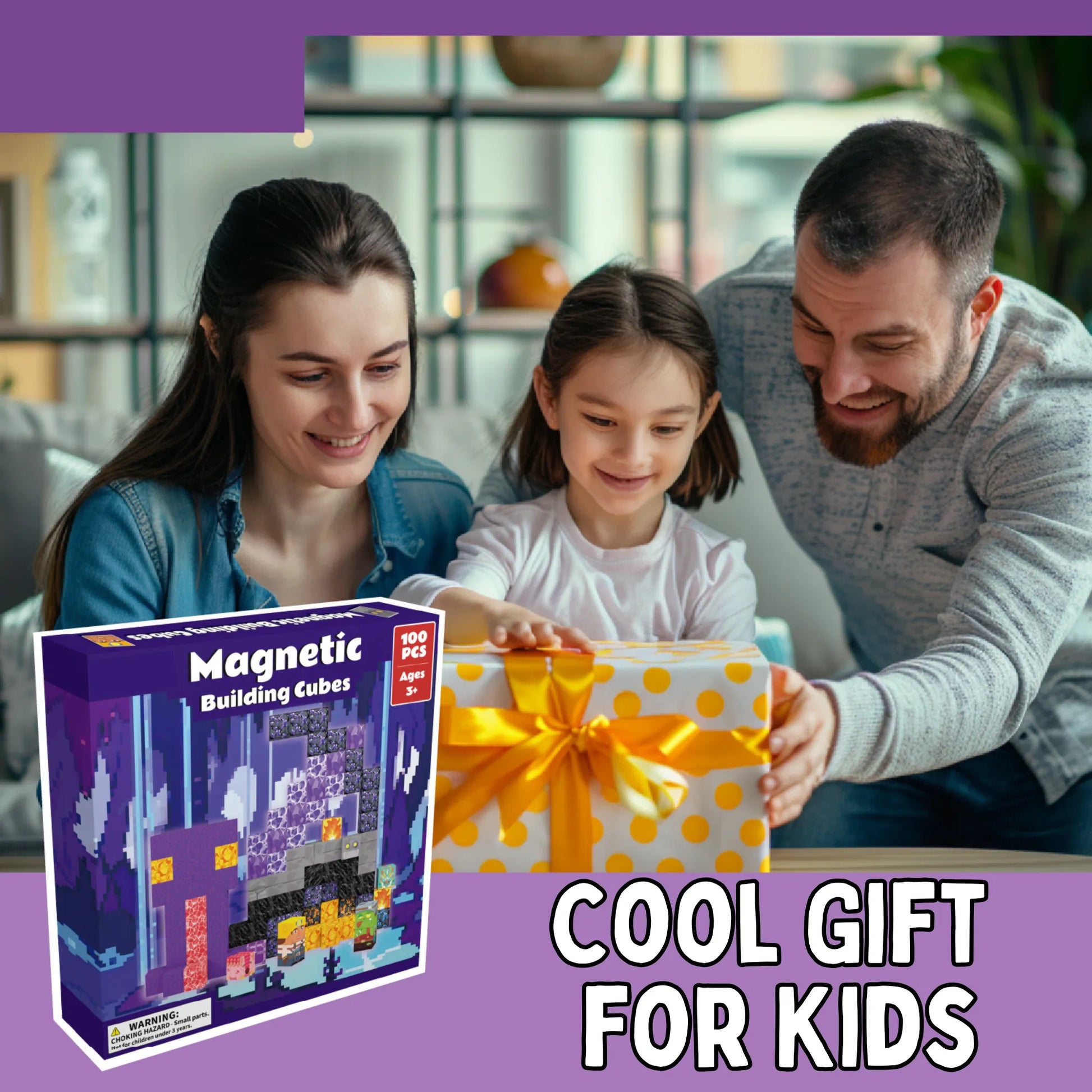 Family opening a gift with a 'Magnetic Building Cubes' box and a yellow polka dot box.
