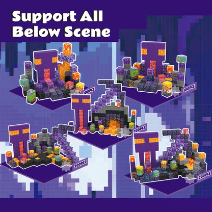 Toy building block set with various structures on a purple background