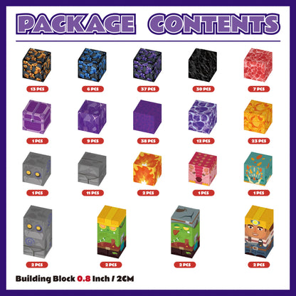 Package contents chart for building blocks with various block designs and quantities.