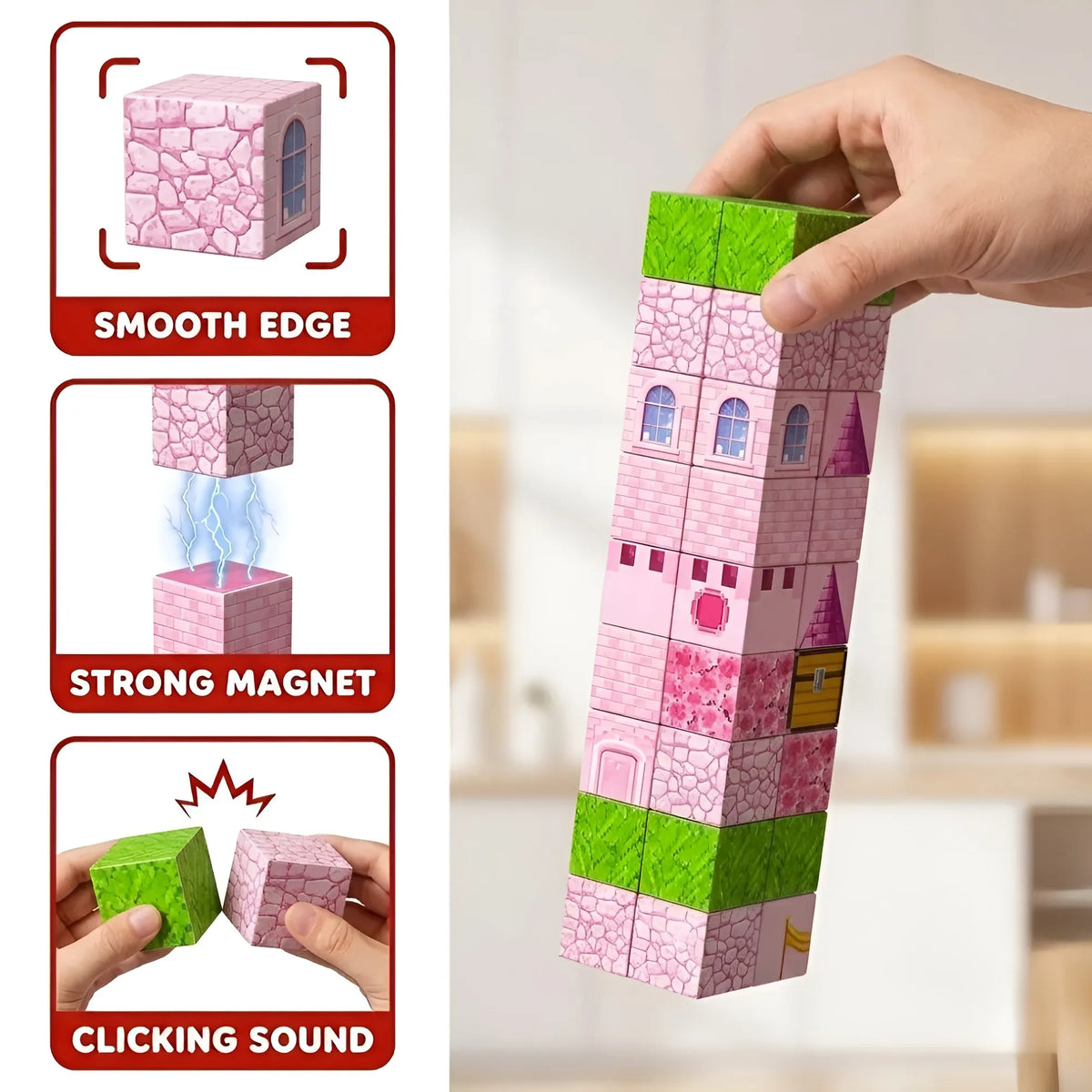 Magnetic building blocks form a pink and green princess castle tower. Insets show strong magnets, smooth edges and clicking sounds.