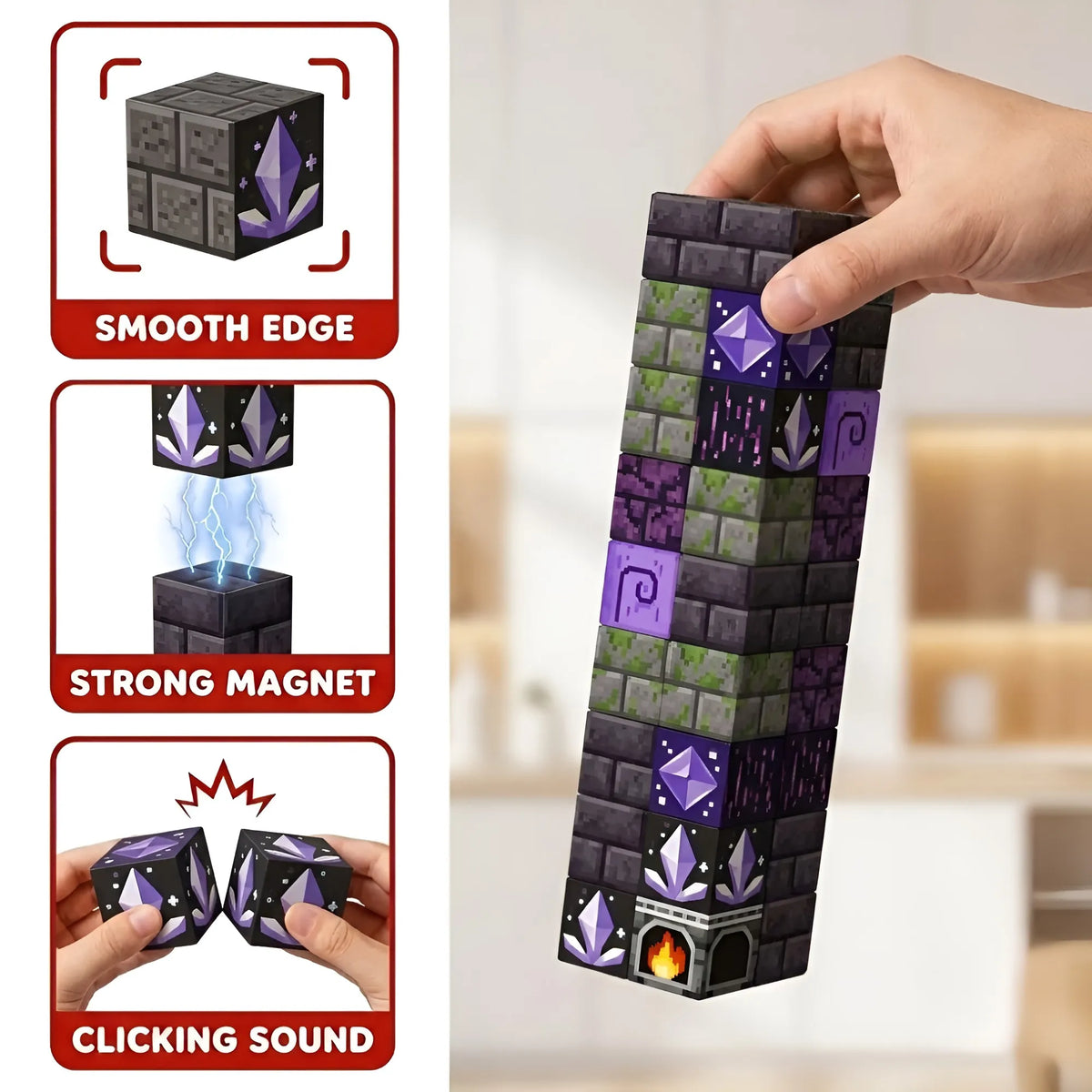 Stack of Cave themed Magnetic Building Blocks with purple crystal and mossy stone textures. A hand demonstrates the strong magnetic hold of the 2cm cubes with smooth edges.