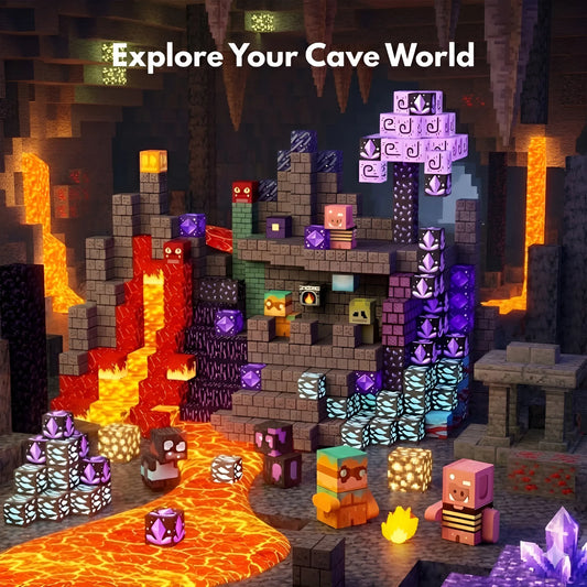 Pixelated cave world with various blocks and creatures, featuring text 'Explore Your Cave World'.