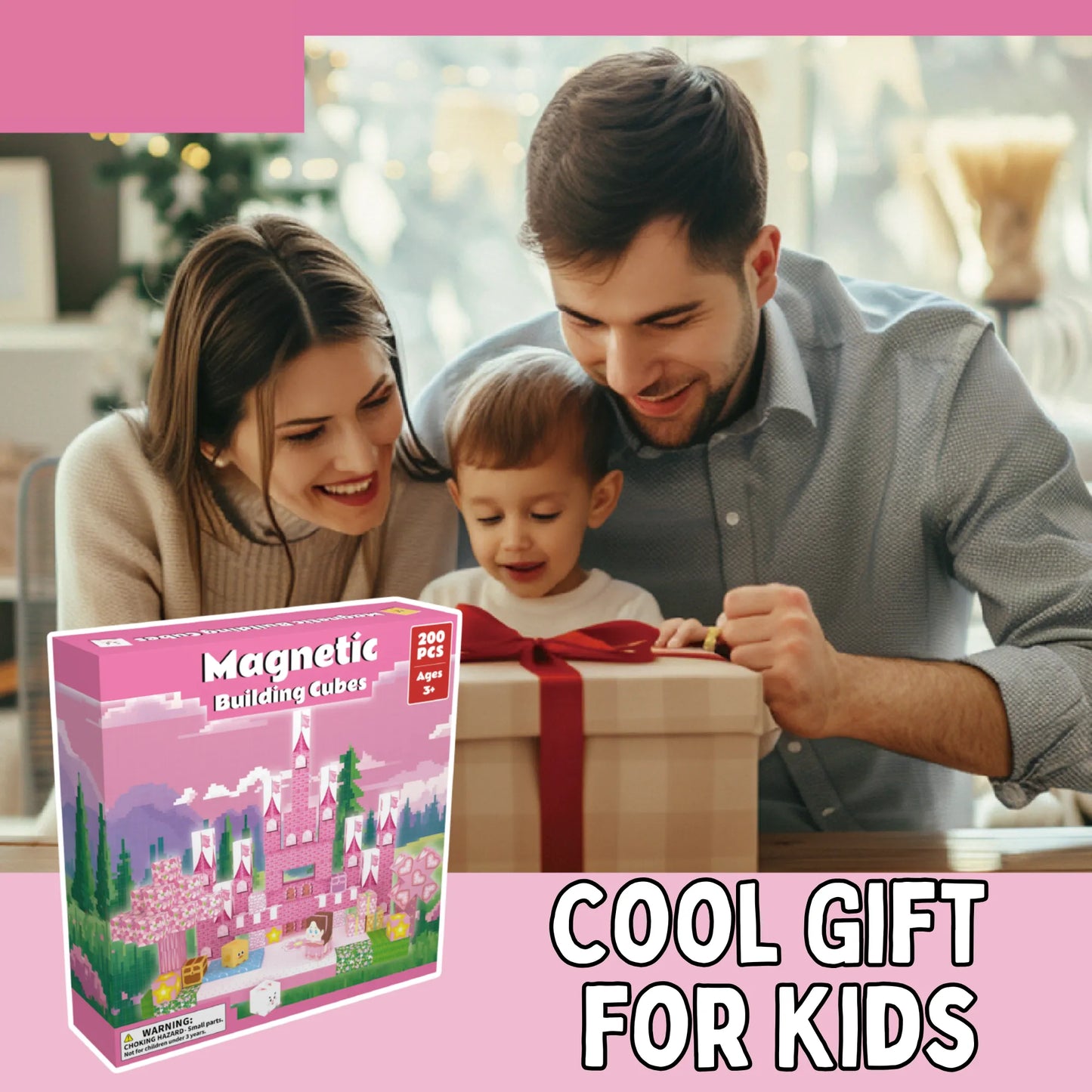 Family opening a gift with a 'Magnetic Building Cubes' box, surrounded by a pink border and text.