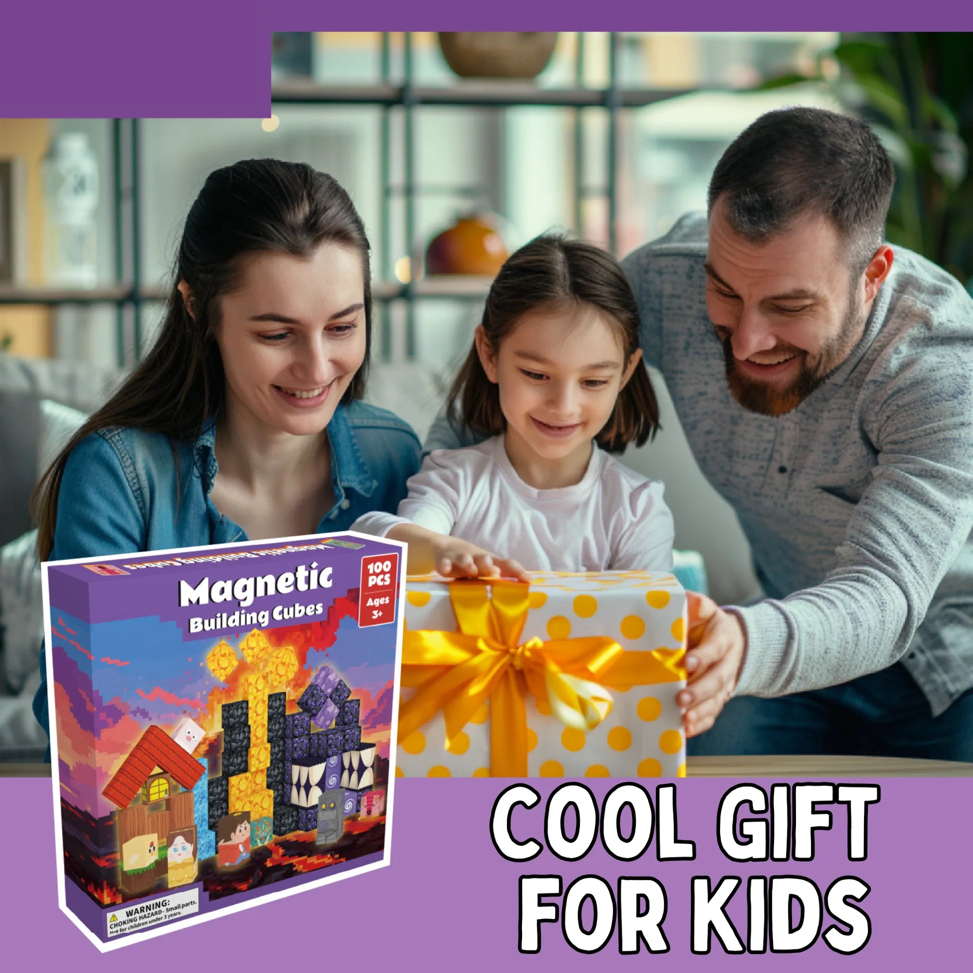 Family opening a gift with a 'Magnetic Building Cubes' box, set against a blurred indoor background.