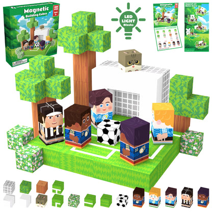 Magnetic building cubes set with figures, blocks, and packaging on a white background