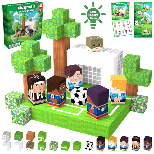 Magnetic building cubes set with figures, blocks, and packaging on a white background