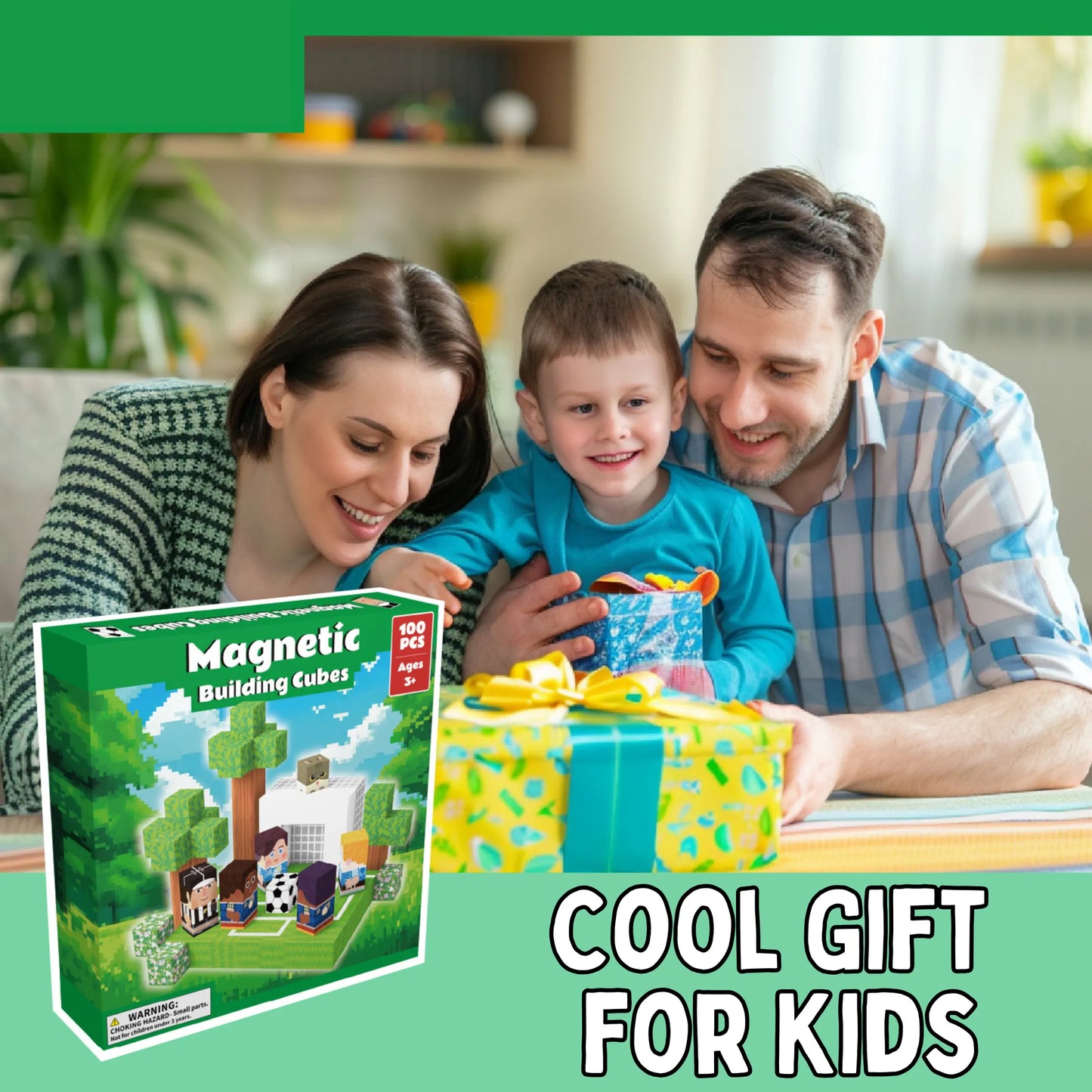 Family with a child holding a gift box, with a magnetic building cubes set in the foreground.