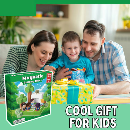 Family with a child holding a gift box, with a magnetic building cubes set in the foreground.
