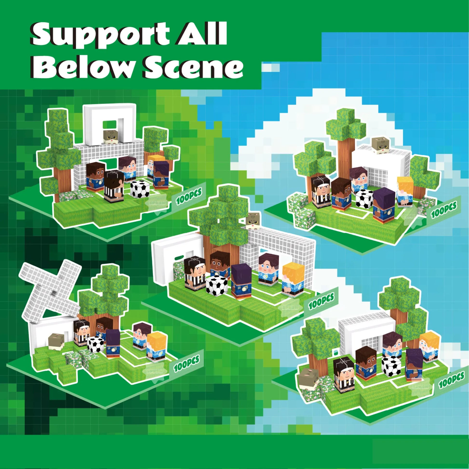 Toy set with pixelated figures and structures on a green and blue background