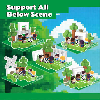 Toy set with pixelated figures and structures on a green and blue background