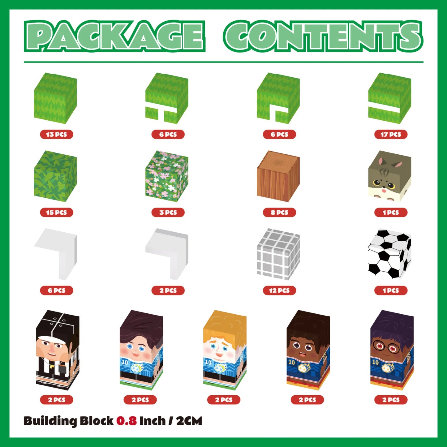 Package contents list for building blocks with various block types and quantities.