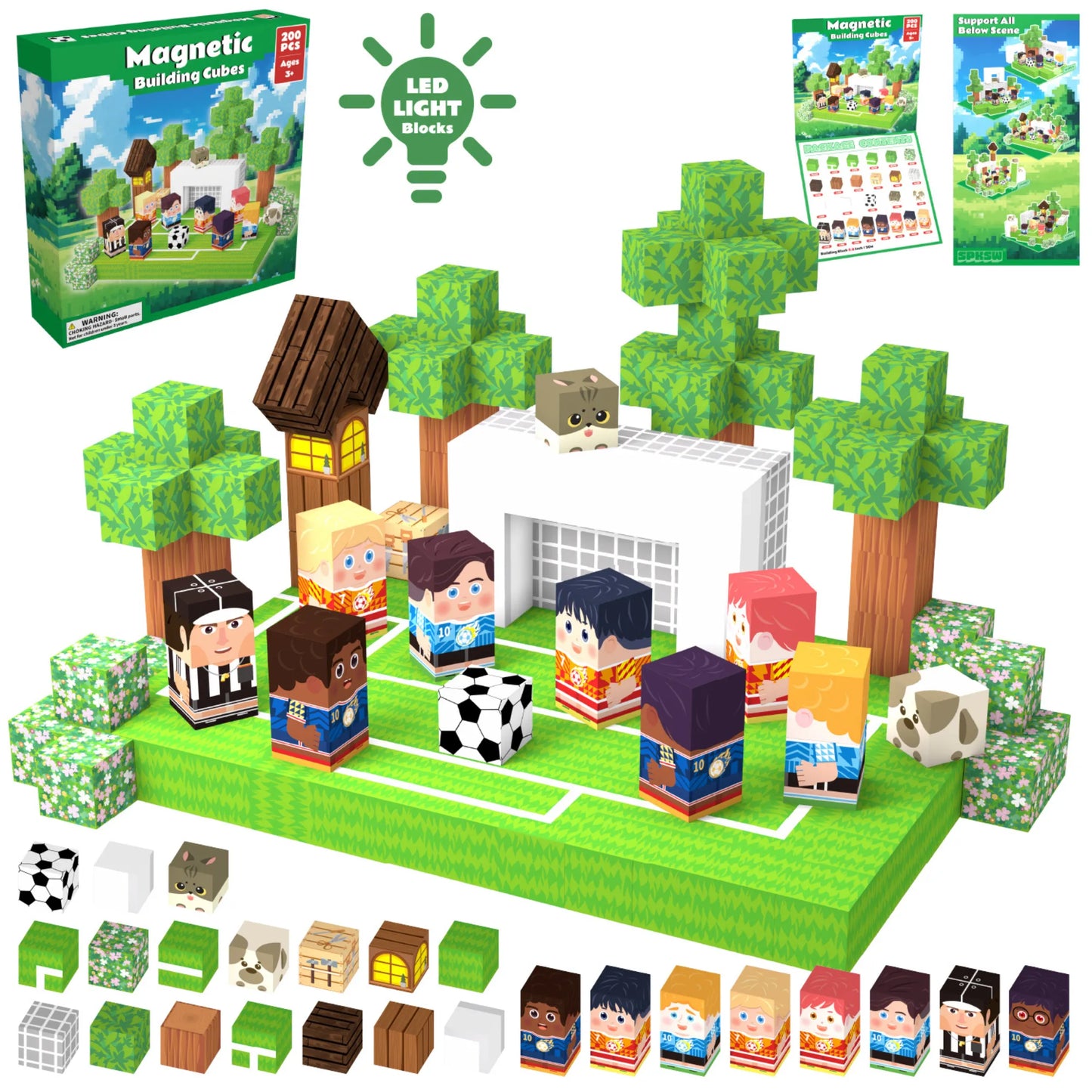 Magnetic building cubes set with LED light blocks, including figures and structures on a white background.