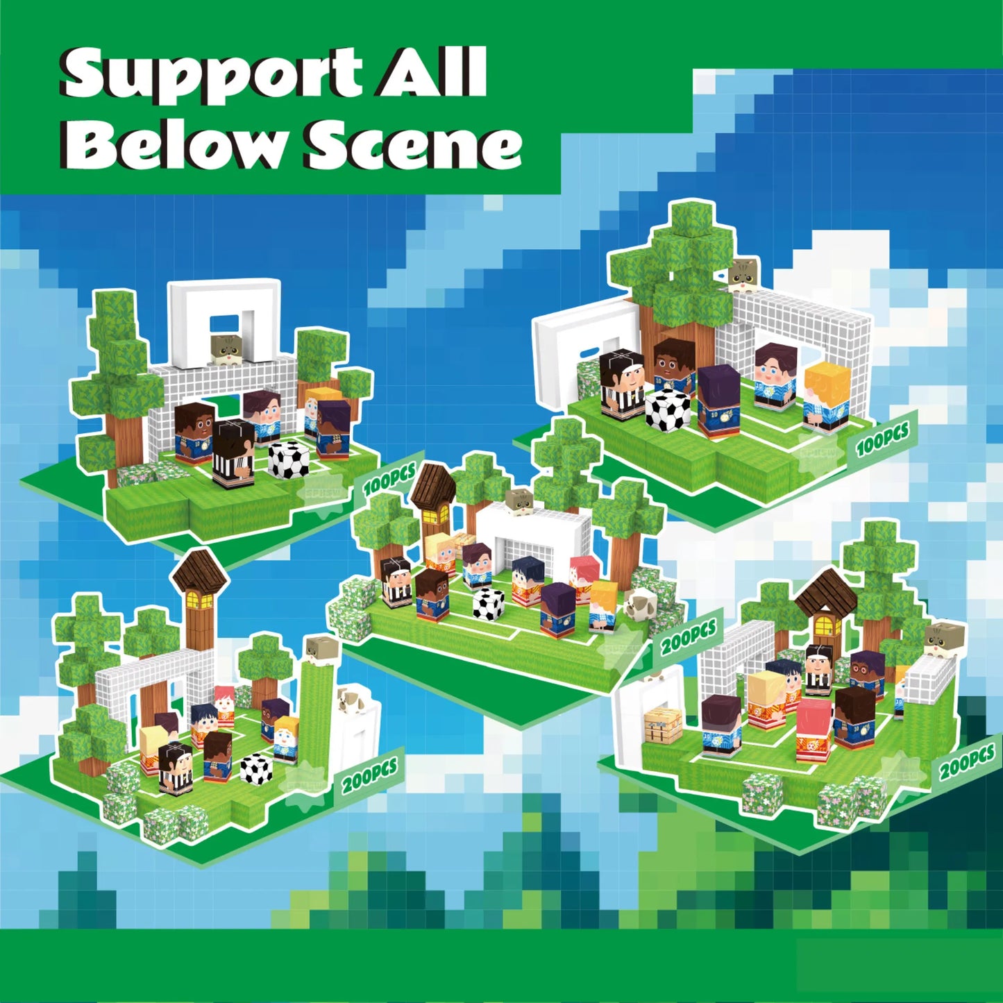 Toy building set with characters on a blue sky background, labeled 'Support All Below Scene'.