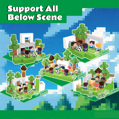 Toy building set with characters on a blue sky background, labeled 'Support All Below Scene'.