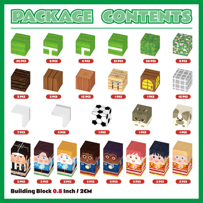 Package contents chart with building block and character blocks on a green border