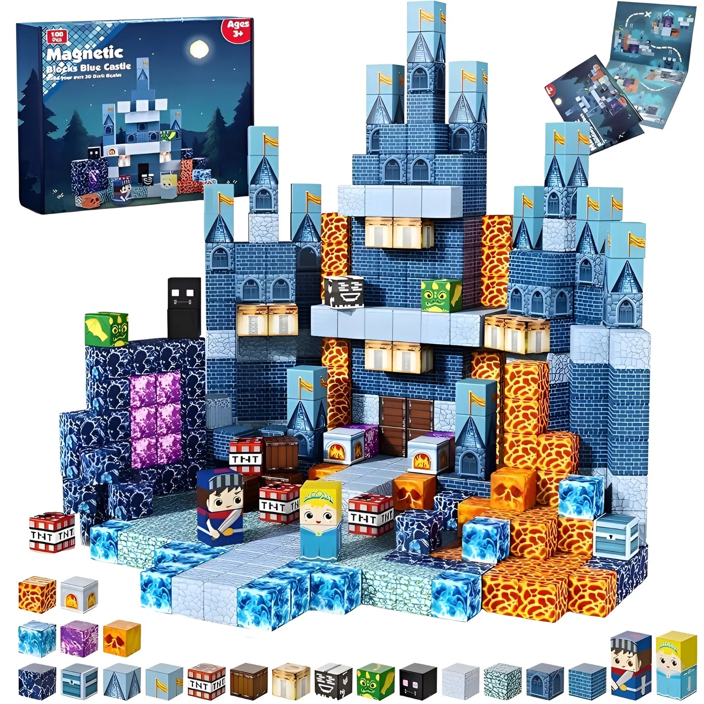 Magnetic building blocks set with a castle model and packaging on a white background