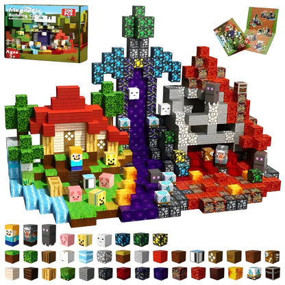Minecraft-themed building blocks set with characters and structures, including a house and characters, on a white background.