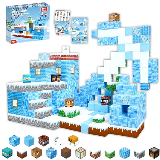 Magnetic building set with ice-themed blocks and packaging on a white background