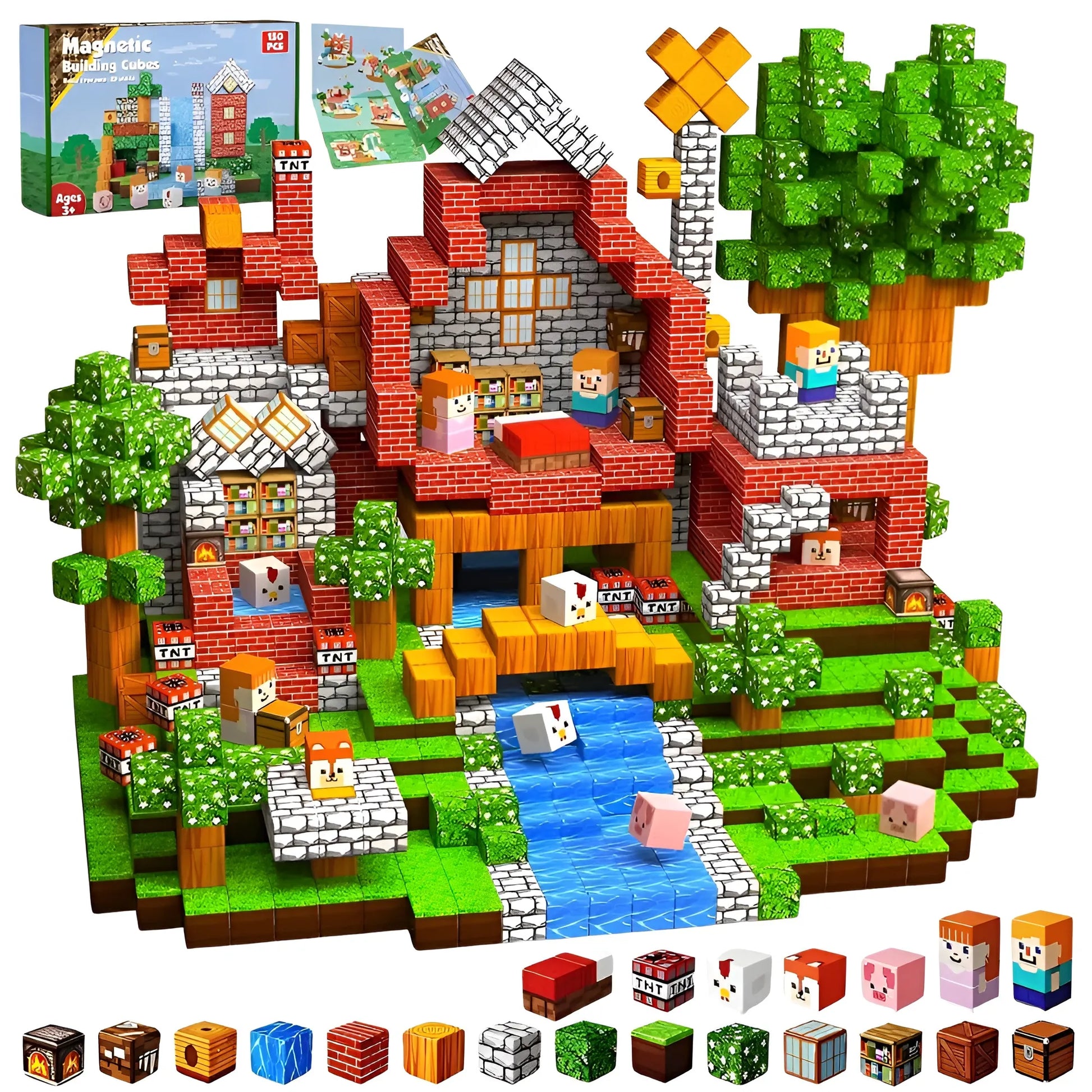 Minecraft-style building set with various blocks and a village scene on a white background.