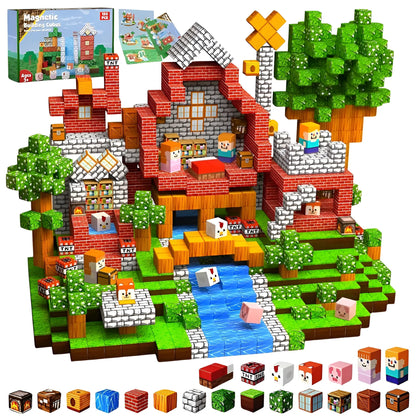 Minecraft-style building set with various blocks and a village scene on a white background.
