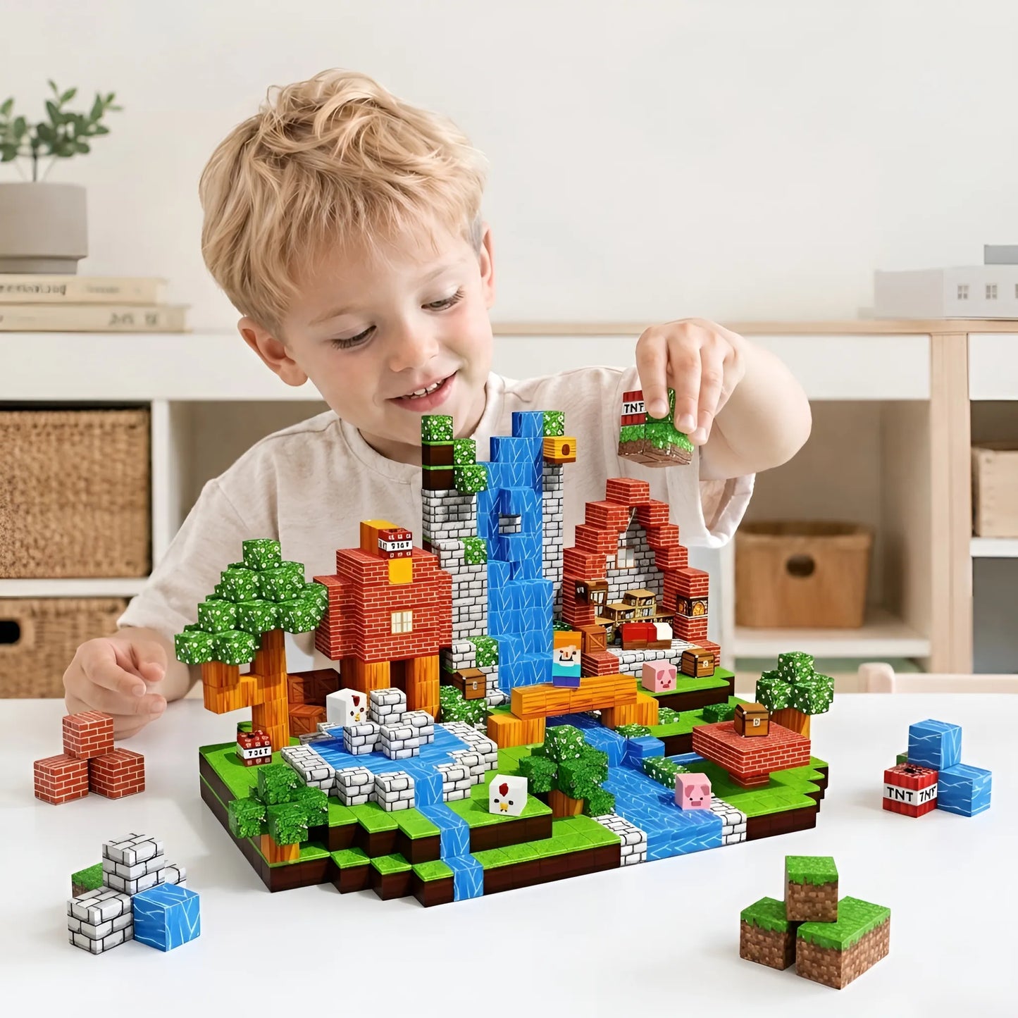 Child playing with a Minecraft-themed building set on a white surface.