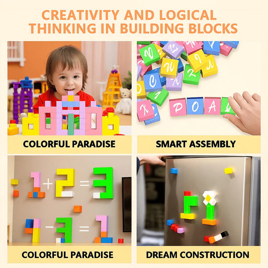 Collage of children playing with building blocks, focusing on creativity and logical thinking.