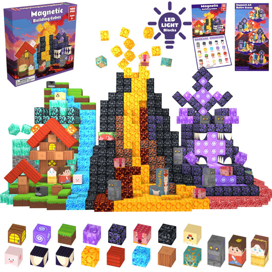 Magnetic building cubes with LED light blocks and various colored cube examples on a white background.