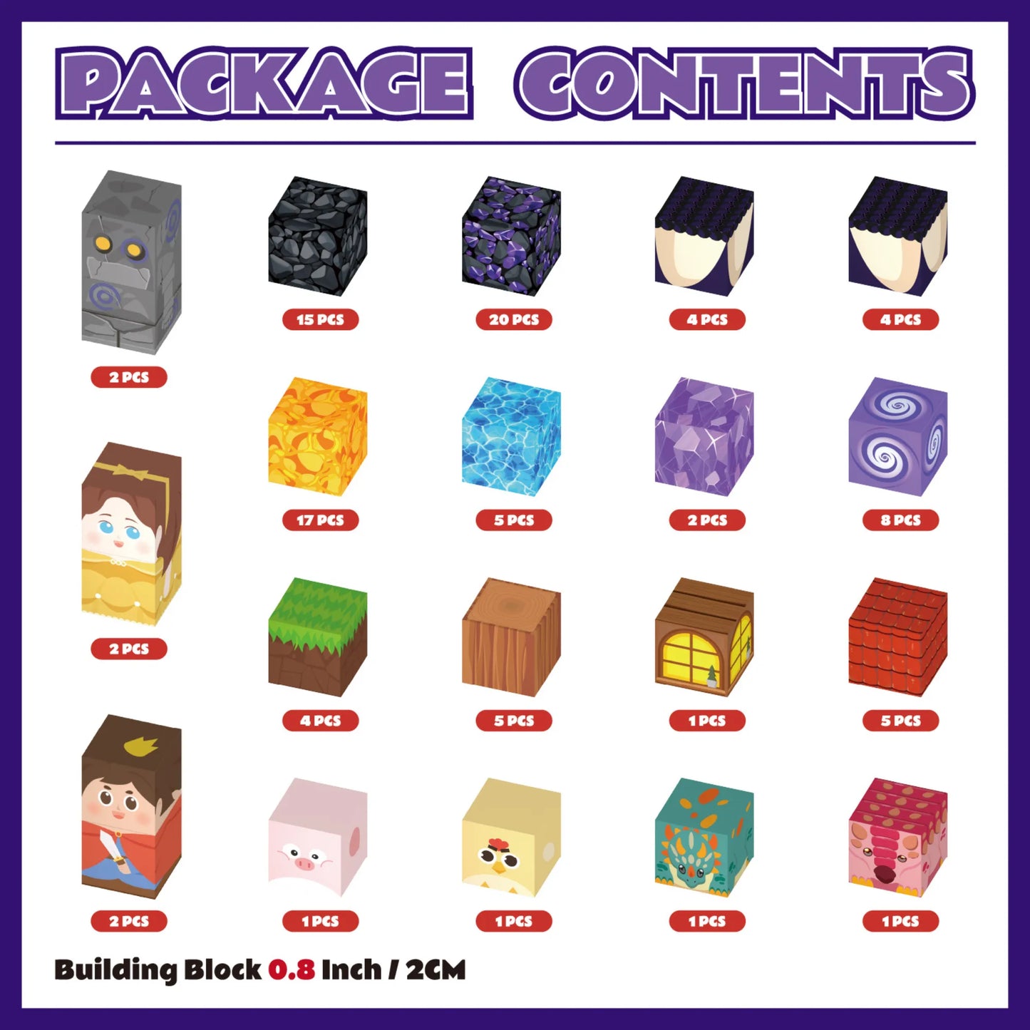 Illustration of package contents with various building blocks and their quantities.
