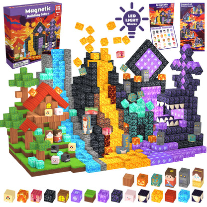 Minecraft-themed building blocks set with LED lights and packaging on a white background