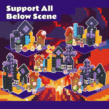 Toy building set with various structures on a colorful background