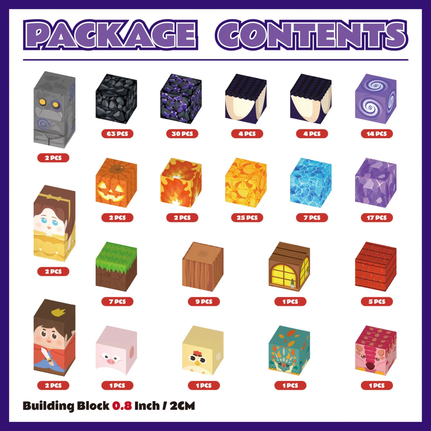 Package contents list with illustrated building blocks and their quantities on a purple background.