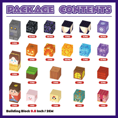 Package contents list with illustrated building blocks and their quantities on a purple background.