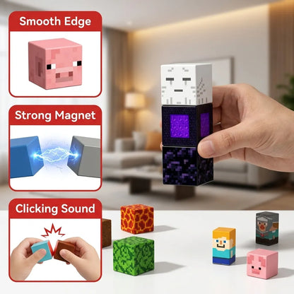 Colorful pixelated blocks with smooth edge, strong magnet, and clicking sound features on a table.