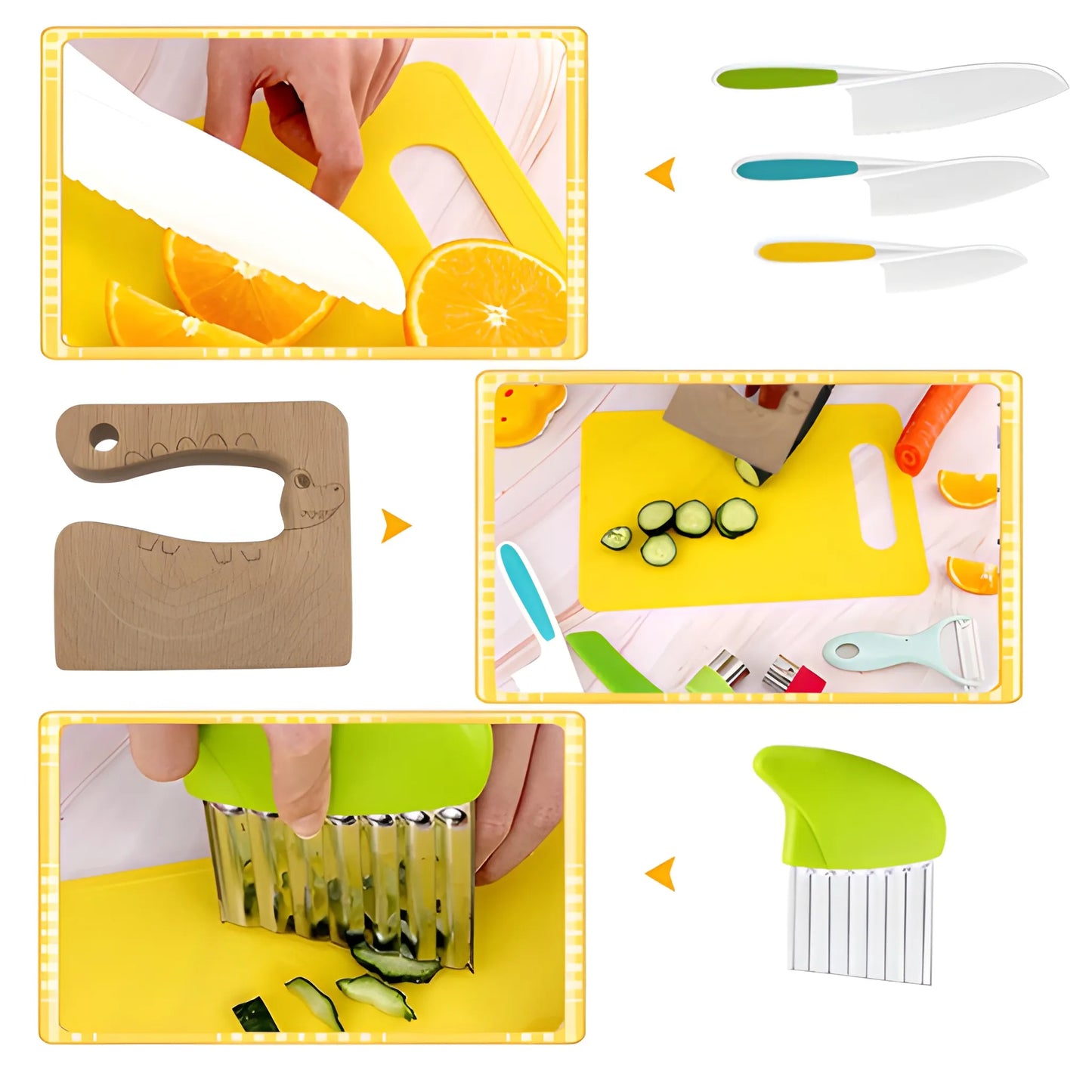 A collage shows kids using Onenazo Montessori Kitchen Tools (17 Pieces)—including wavy-edged knives, a dinosaur-shaped wooden cutter, a peeler, and other child-safe utensils—on a yellow cutting board to slice oranges and cucumbers.