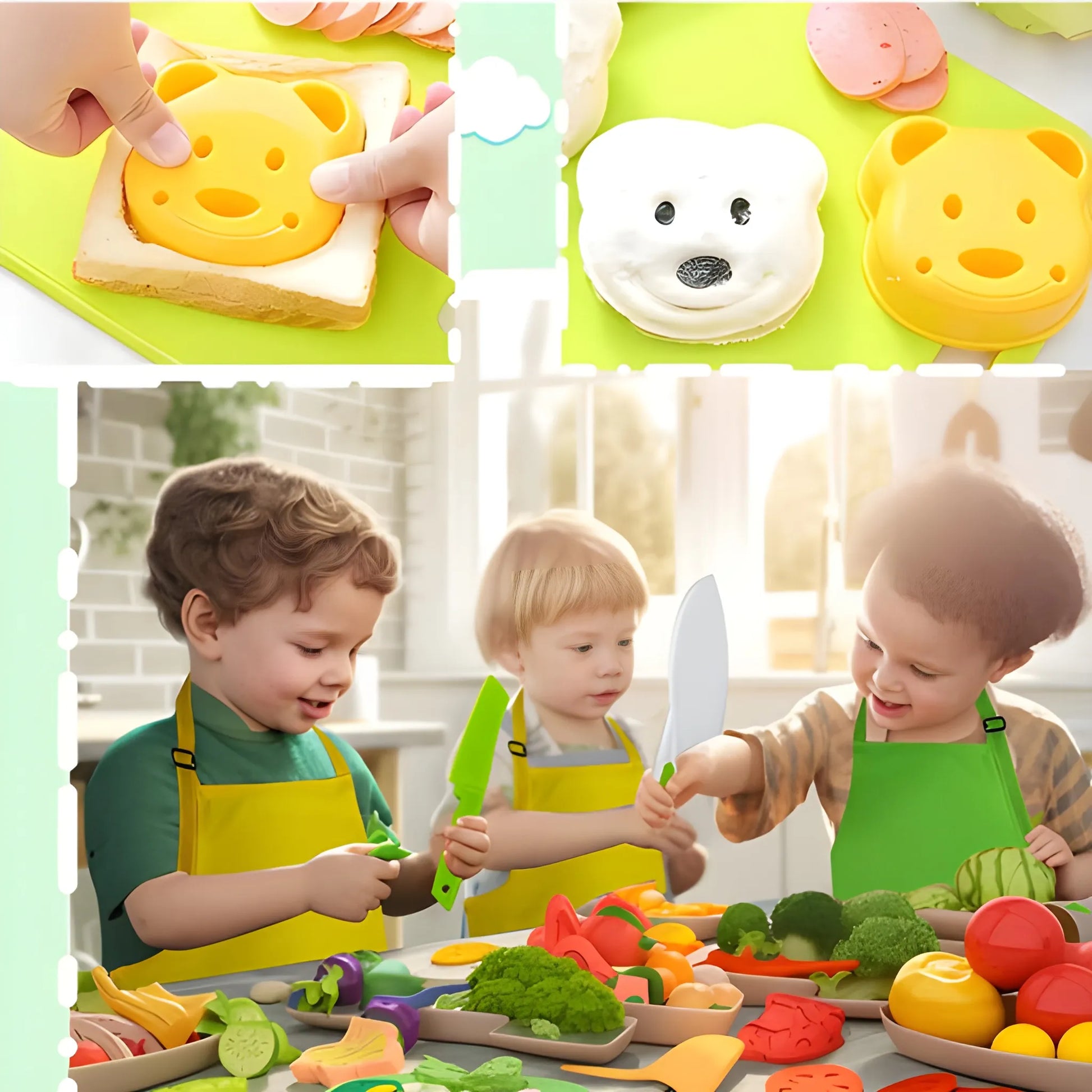Three children in yellow aprons use the Onenazo Montessori Kitchen Tools (17 Pieces) to play with toy vegetables and safe utensils at a table topped with animal-shaped sandwiches, creating a fun and educational cooking experience.